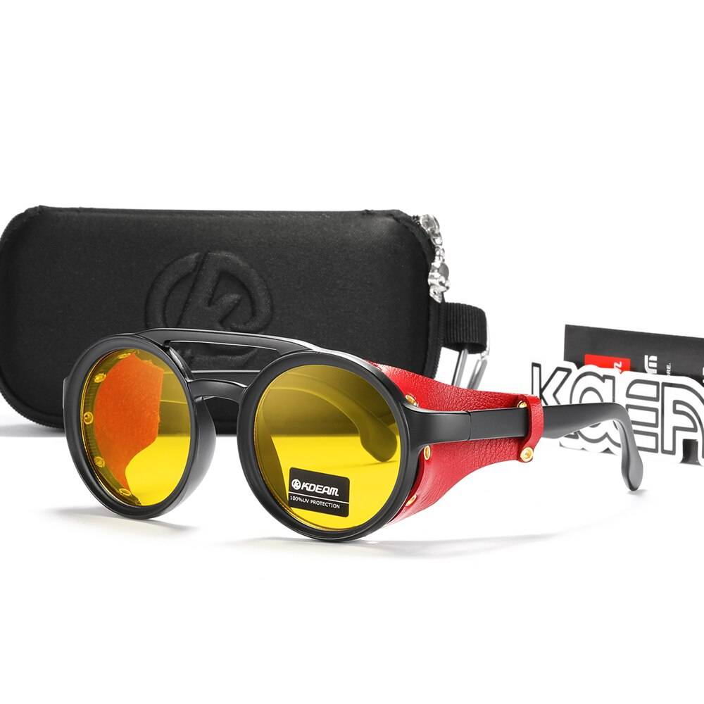 KDEAM Vintage Round Sunglasses Men Women Leather Shield Sun Glasses Twin Bridge Designed Shade KD179 Unisex Sunglasses