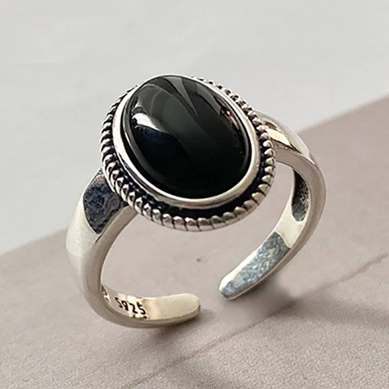 Vintage 925 Sterling Silver Women Rings with Oval Natural Onyx Black Stone Adjustable Size Opening Type Women's Rings