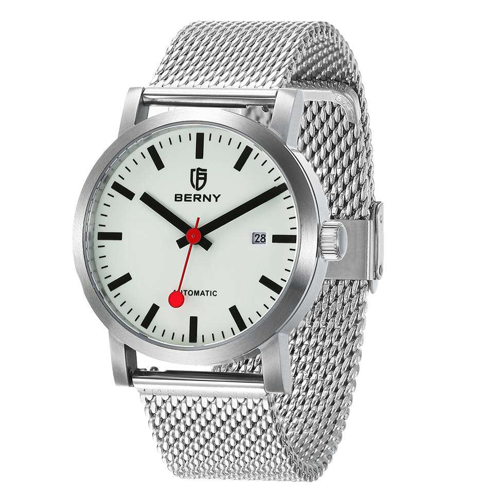 BERNY Automatic Watch Men Luminous Stainless Steel Self-Wind Wristwatch MIYOTA 8215 Waterproof Mechanical Swiss Railway Watch Watches For Men