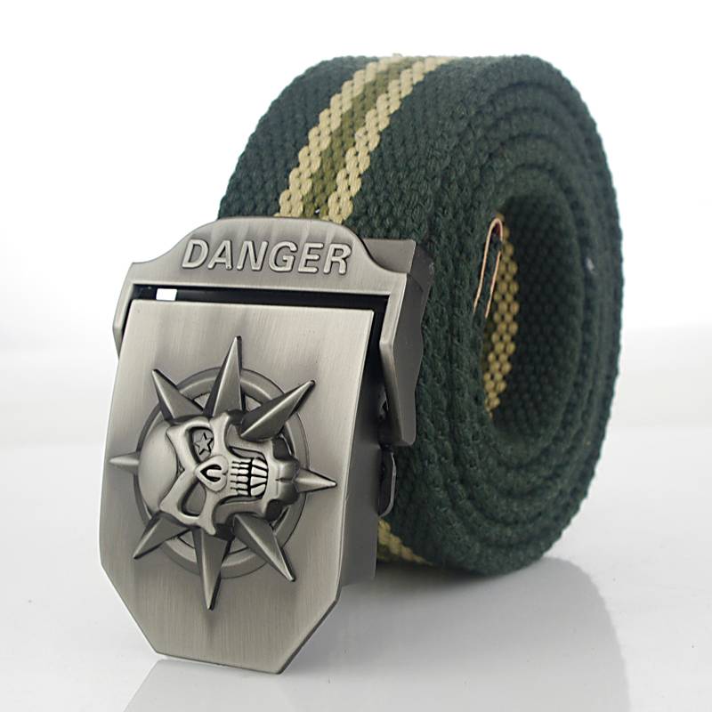 Army Canvas Belt with Skull Metal Buckle Mens Belts