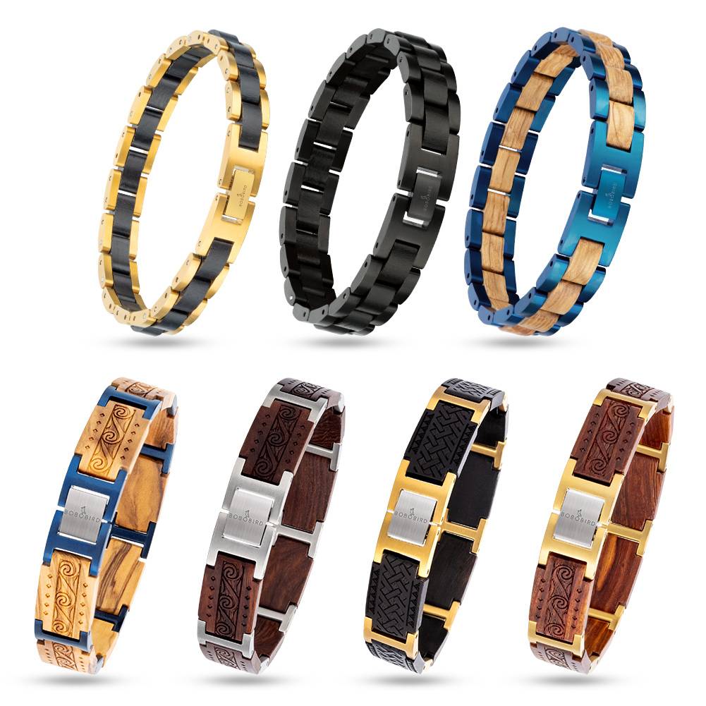 Mens Wood Bracelets with Stainless Steel Links Bracelets & Bangles Men's Bracelets