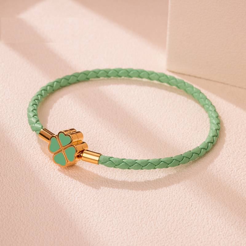 Four-Leaf Clover Bracelet Genuine Braided Leather Bracelets & Bangles