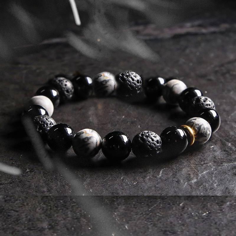 Dark Series Natural Black Onyx Volcanic Rock Map Stone Beads Bracelet Homme Copper Accessories Lava Jewelry for Women Pulsera Men's Bracelets