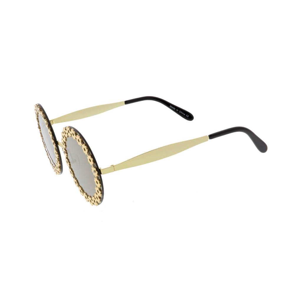 Gold Women’s Round Floral-Trim Sunglasses Affordable Accessories Unisex Sunglasses