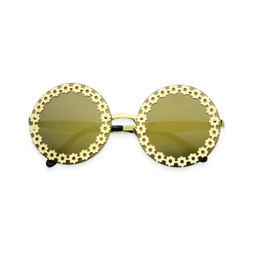 Gold Women’s Round Floral-Trim Sunglasses Affordable Accessories Unisex Sunglasses