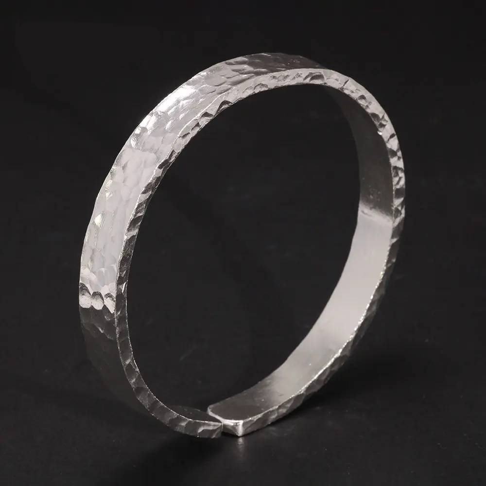 Real 999 Sterling Silver Hammered Bangles for Men and Women Polishing Elegant Simple Opening Cuff Fine Jewelry Men's Bracelets