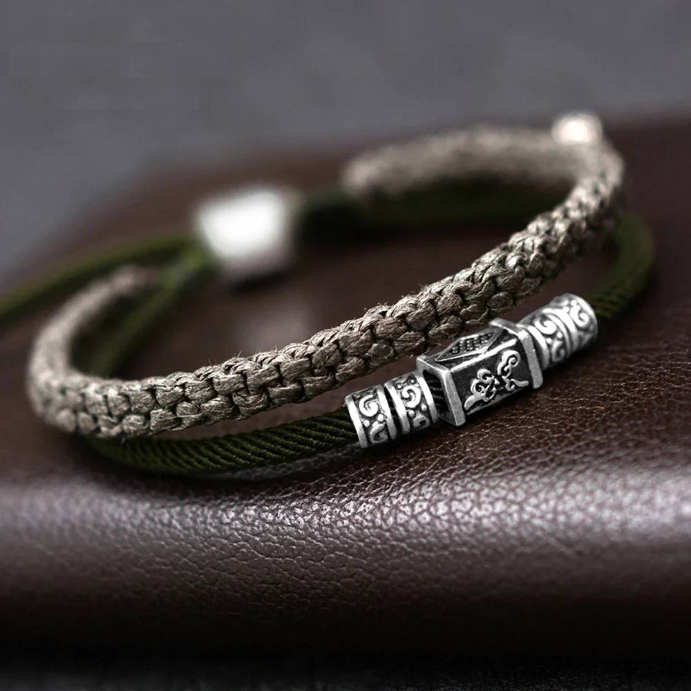 925 Silver Lucky Charm Bracelet Braided For Men Double Layers Adjustable Tibetan Handmade Knots Lucky Rope Bracelet Personalized Men's Bracelets