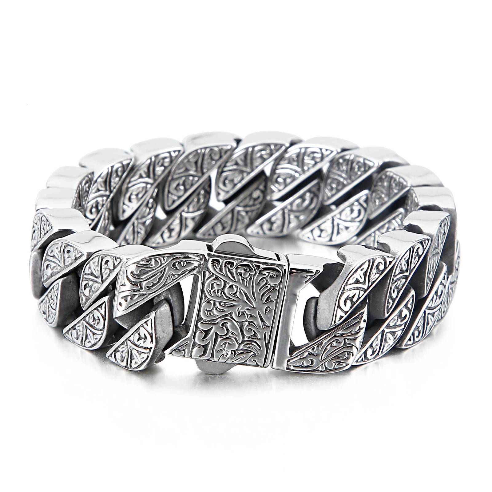 Vintage Viking Carving Cuban Chain Bracelet for Men Stainless Steel Gold and Silver Men's Bracelets