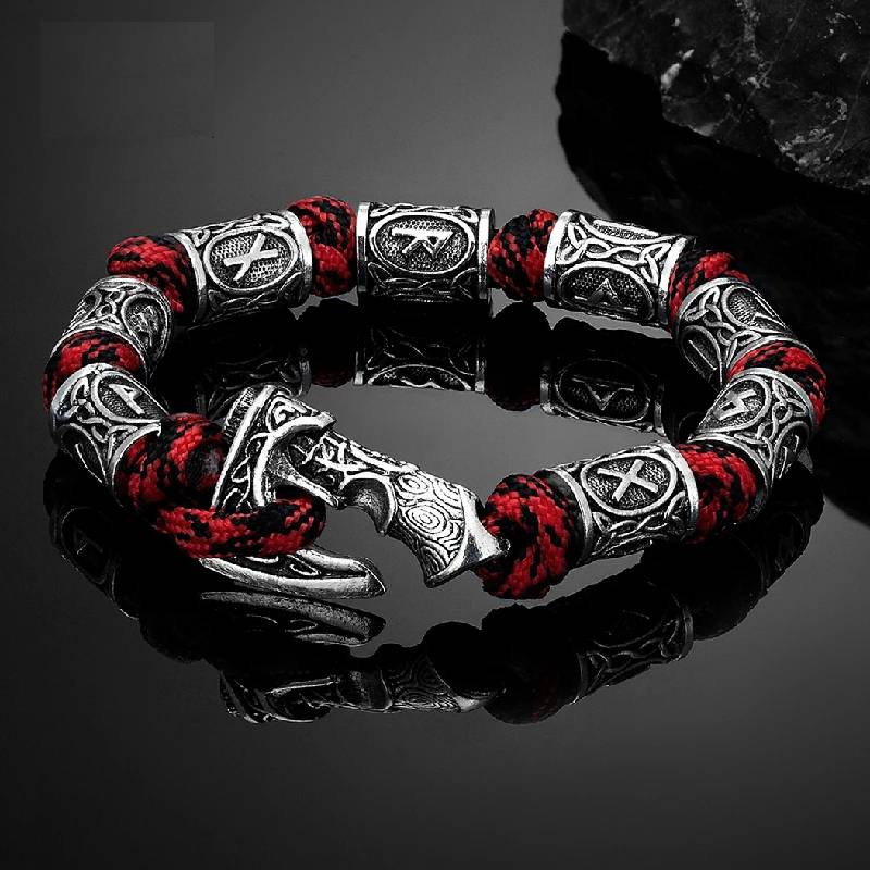 Norse Vikings Axes wrap bracelet with Mjolnir hammer and paracord rope.
