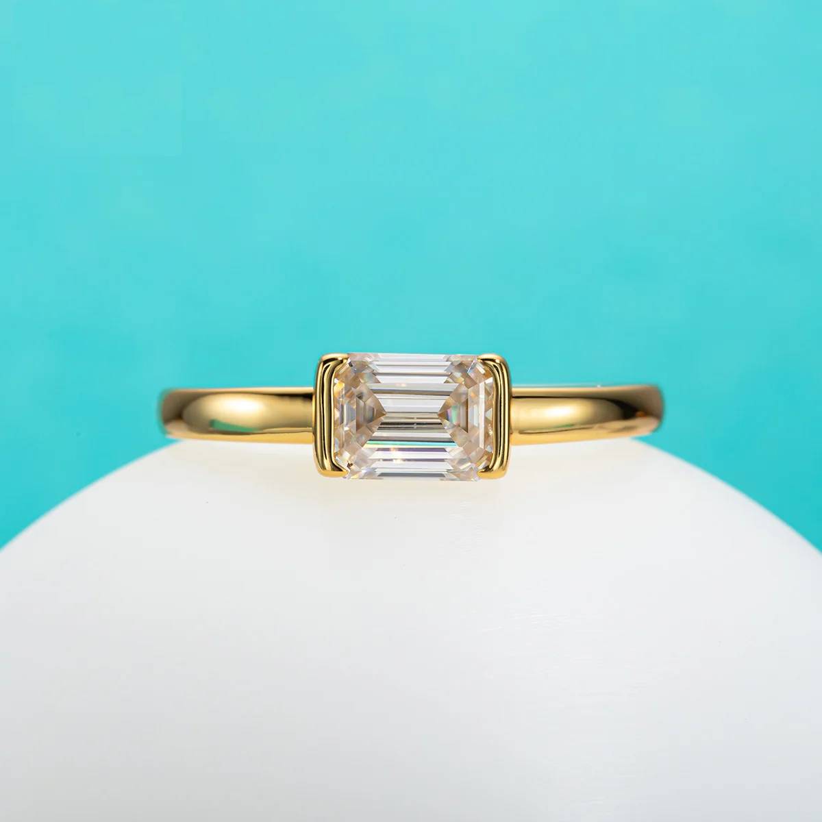 1 Carat Emerald Cut Moissanite Ring 18K Yellow Gold Women's Rings