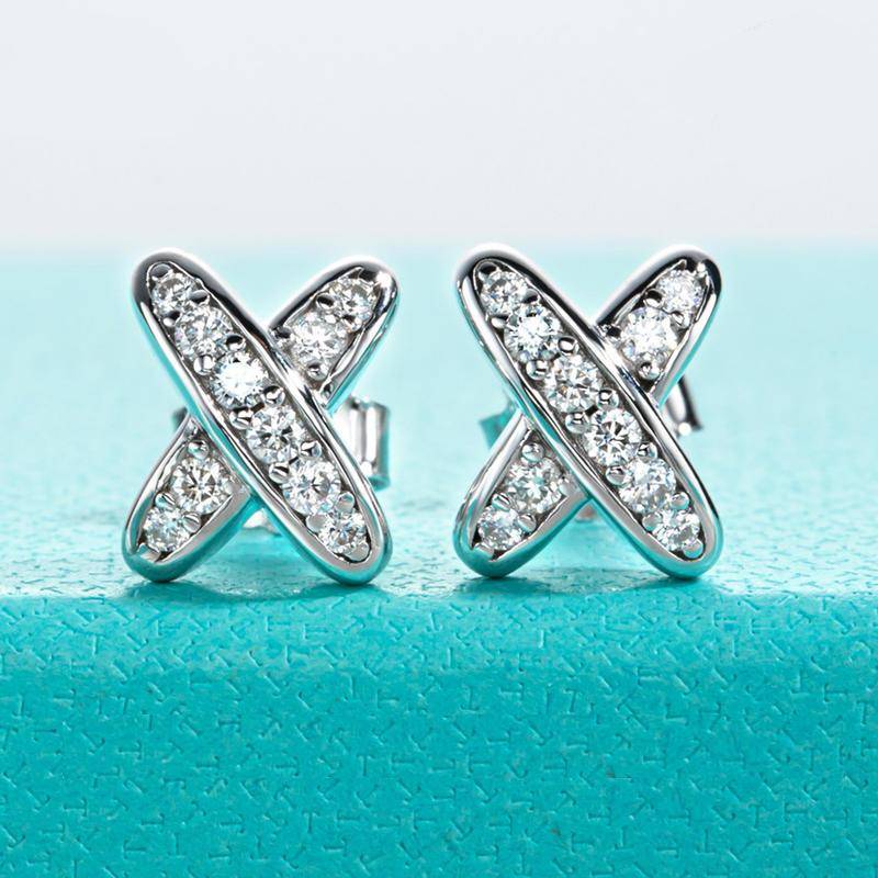 Moissanite Diamond Cross Stud Earrings in 18K White Gold Women's Earrings