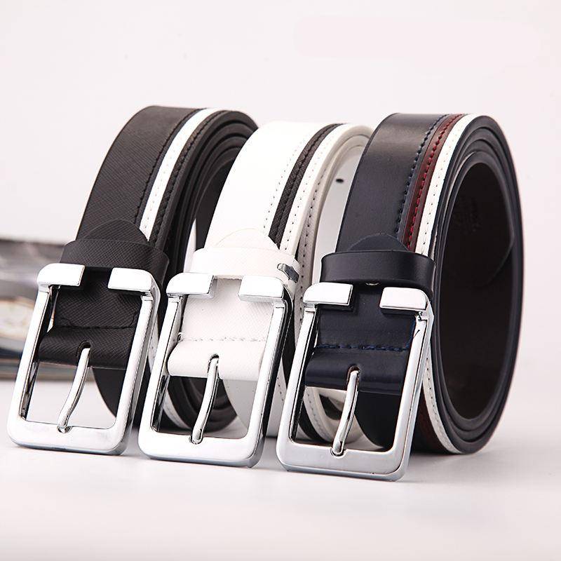 A display of three Designer Brand Luxury Belts for Men in black, white, and navy blue