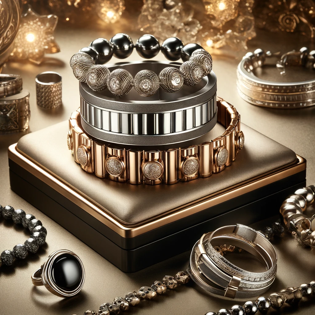 This image features stylish bracelets, rings, and necklaces arranged on a luxurious background with soft lighting, highlighting their elegance and craftsmanship