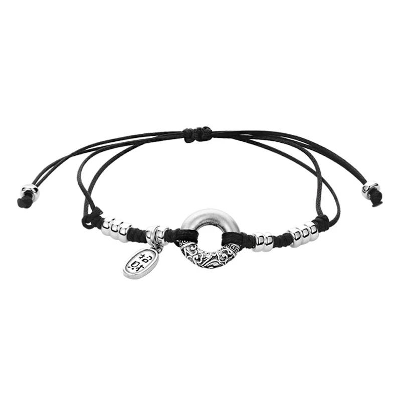 Peace Buckle Bracelet 925 Silver with Adjustable Black Cord Bracelets & Bangles Men's Bracelets