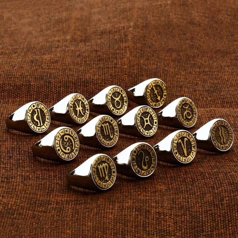 Zodiac Sign Rings 316L Stainless Steel 12 Constellations Mens Rings