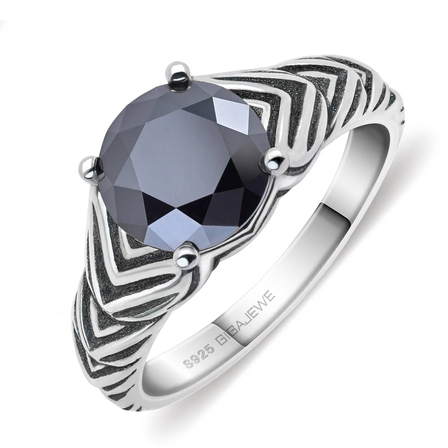 Moissanite Round Cut Black 925 Silver Ring Women's Rings