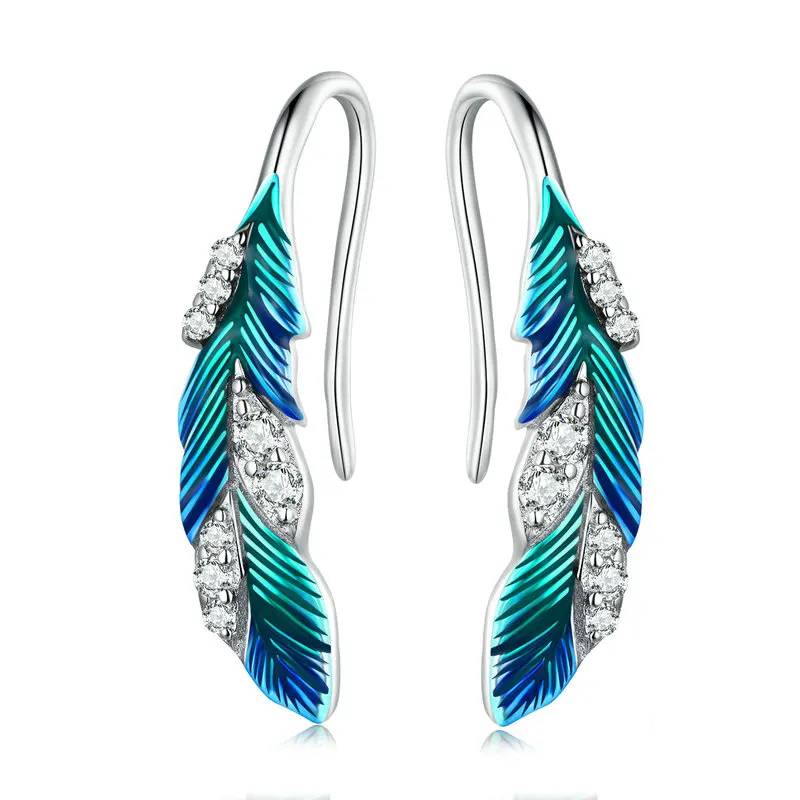 Dazzling Blue Feather Earrings S925 Silver Zircon Women's Earrings
