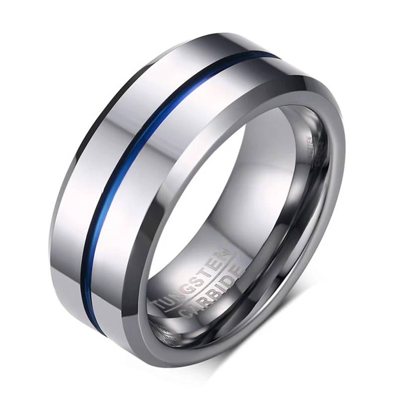Tungsten Carbide Blue Line Mens Groove Ring Mens Rings