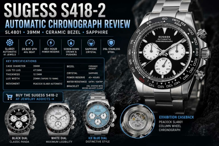 SUGESS S418-2 black stainless steel automatic chronograph watch with sapphire crystal.