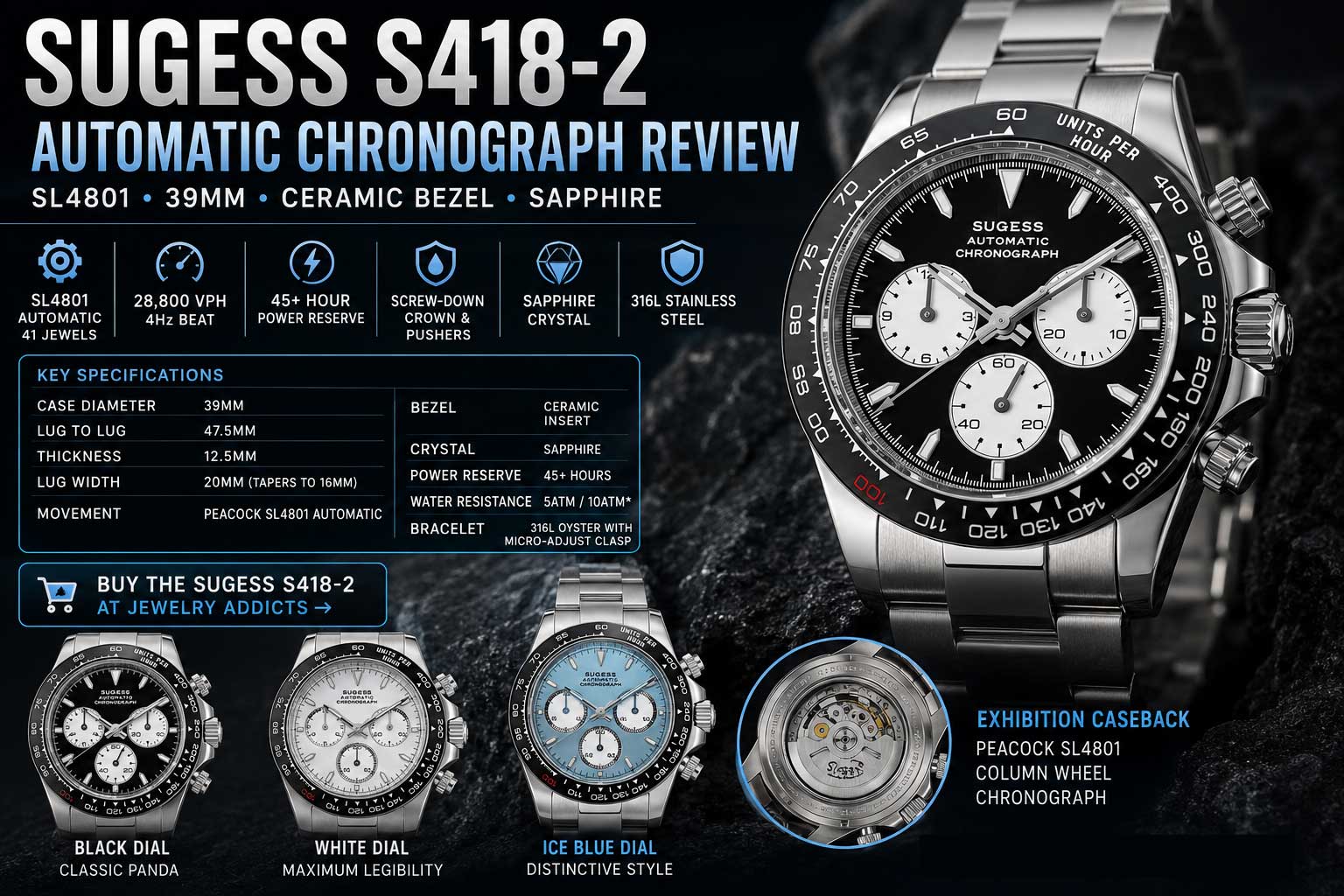 SUGESS S418-2 black stainless steel automatic chronograph watch with sapphire crystal.