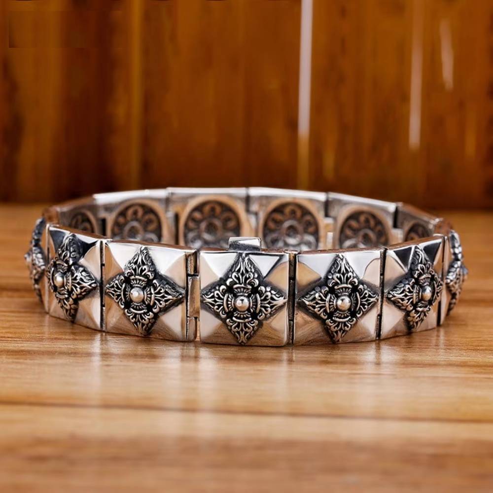 Ethnic Style Sterling Silver Floral Bracelet Men's Bracelets