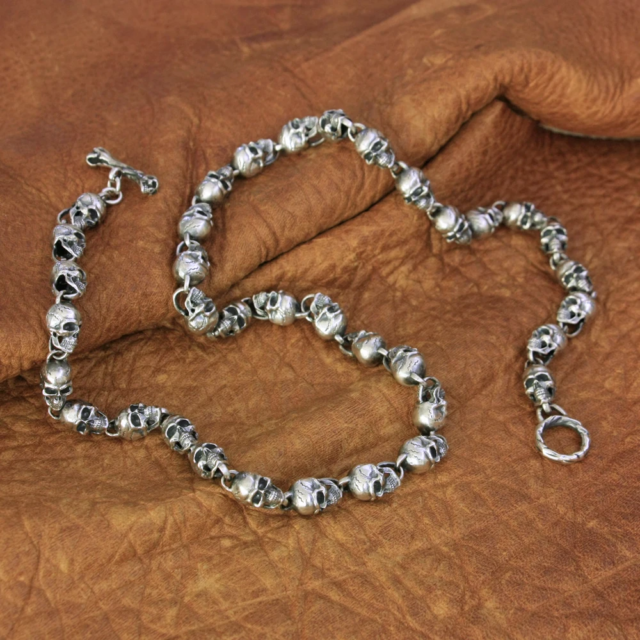 925 Sterling Silver Detailed Skull Heads Chain Necklace
