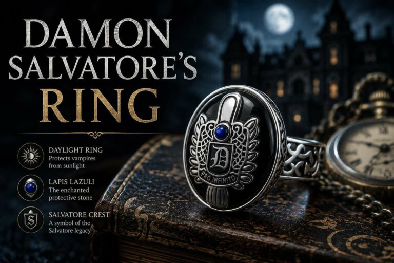 Elegant vampire protection ring with Salvatore crest and blue lapis lazuli gemstone.