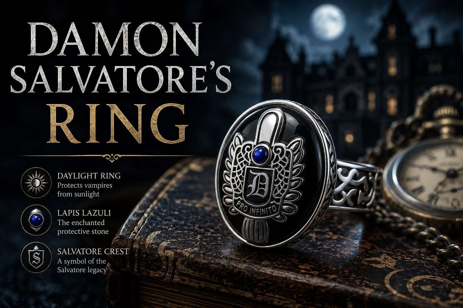 Elegant vampire protection ring with Salvatore crest and blue lapis lazuli gemstone.