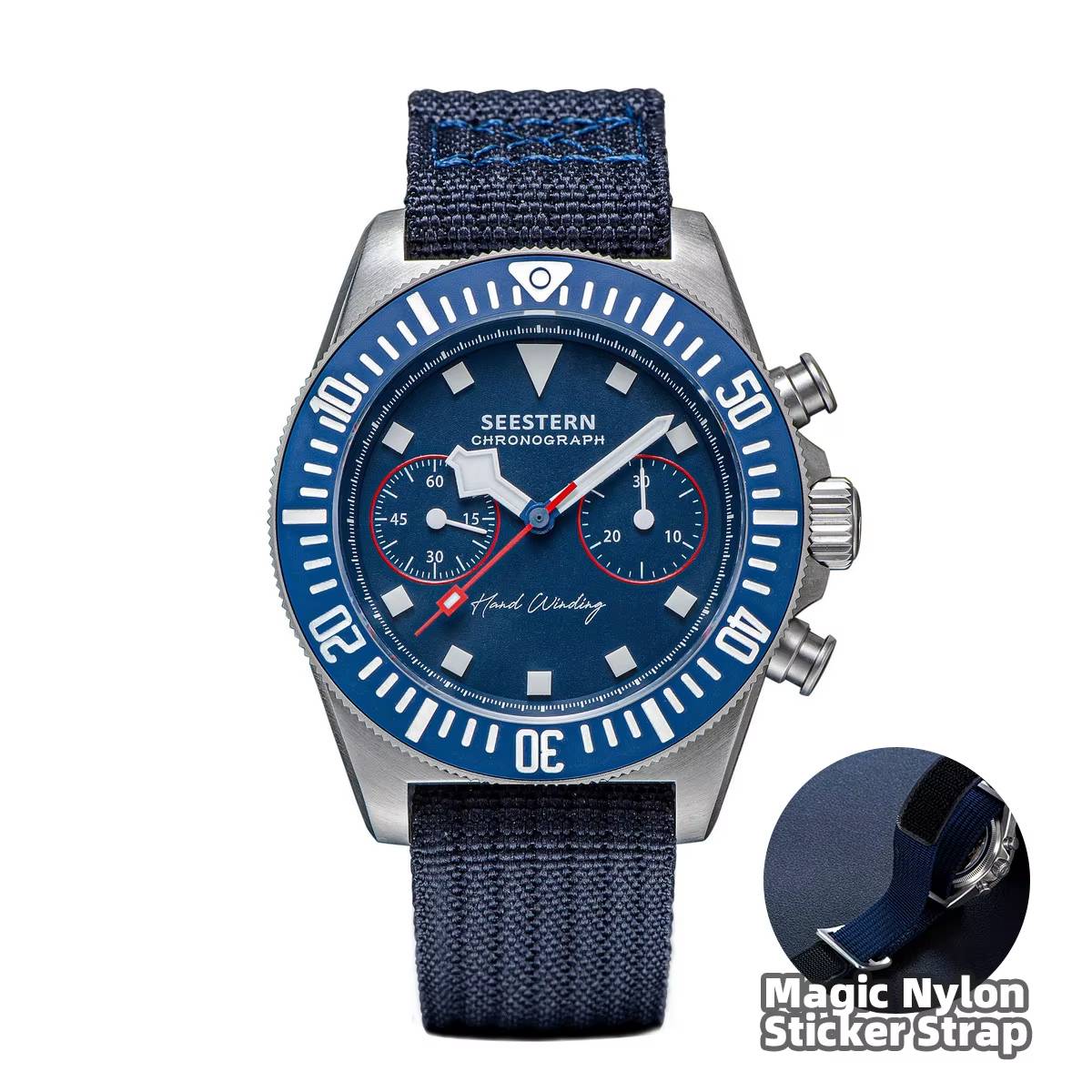 Sugess S445 Chronograph ST1901 Hand-Winding Watch Seestern Watches Color : Black|Blue 