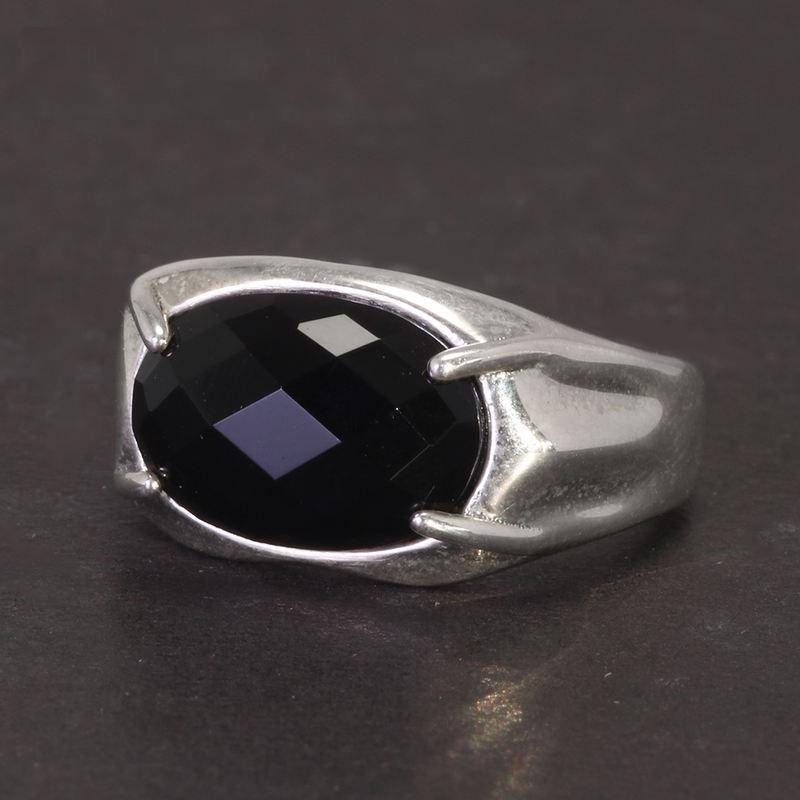 Sterling Silver Black Agate Ring | Adjustable Oval Faceted Natural Stone