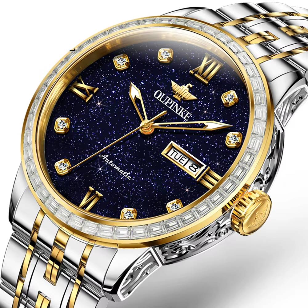 OUPINKE Starry Sky Automatic Watch with a deep blue dial and sapphire crystal