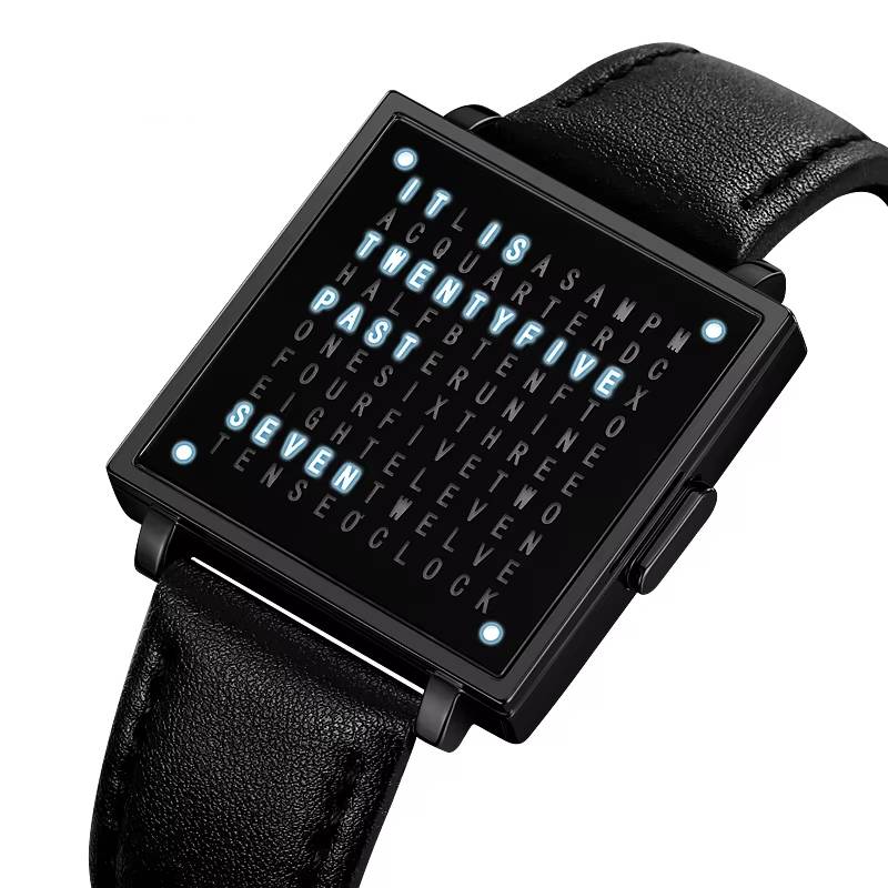 Word Display LED Watch with Leather Strap SKMEI Watches Color : gold black|silver black|black black 