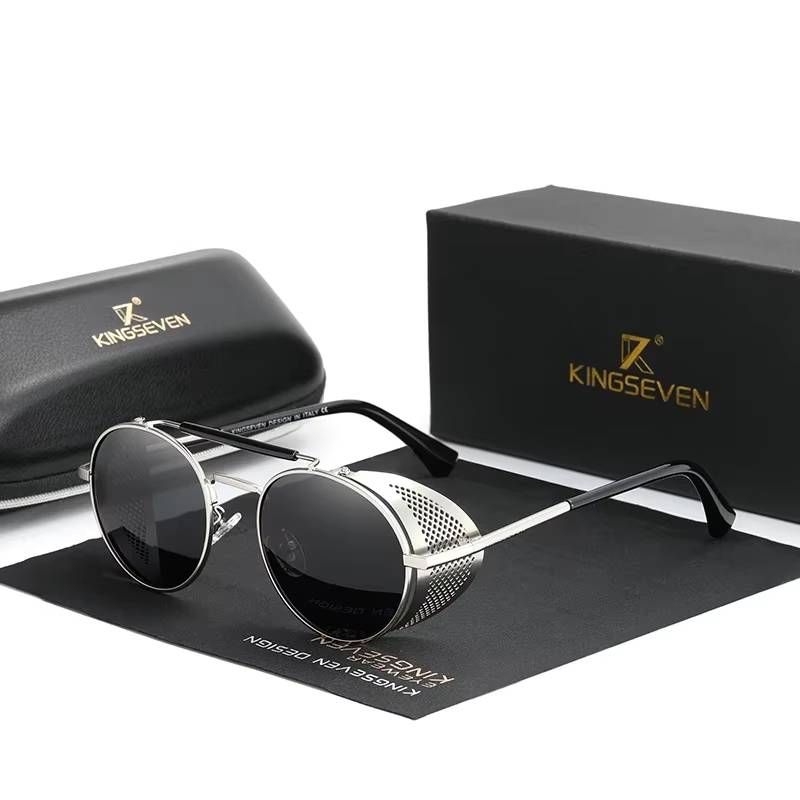 Steampunk Vintage Round Sunglasses Unisex Sunglasses Lenses Color : Silver Gray|Blue Gray|Silver Blue|Black Gray 