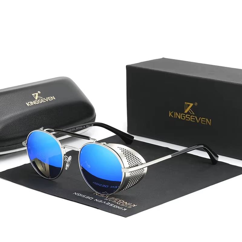 Steampunk Vintage Round Sunglasses Unisex Sunglasses Lenses Color : Silver Gray|Blue Gray|Silver Blue|Black Gray 