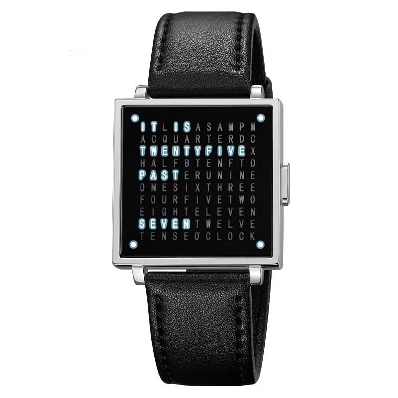 Word Display LED Watch with Leather Strap SKMEI Watches Color : gold black|silver black|black black 