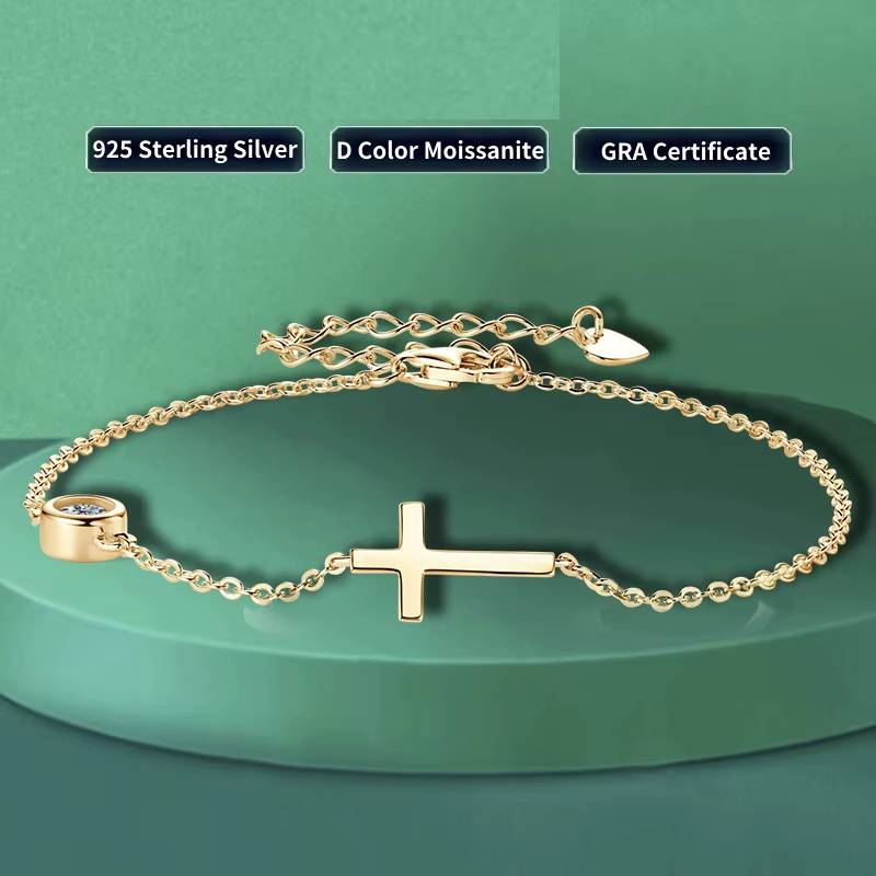 Anziw 100% 925 Sterling Silver Cross Bracelet with 4mm Bezel Moissanite Diamond for Women Men Fine Jewelry Gift Adjustable Chain Bracelets & Bangles Gem Color : White Gold S925|Yellow Gold S925 