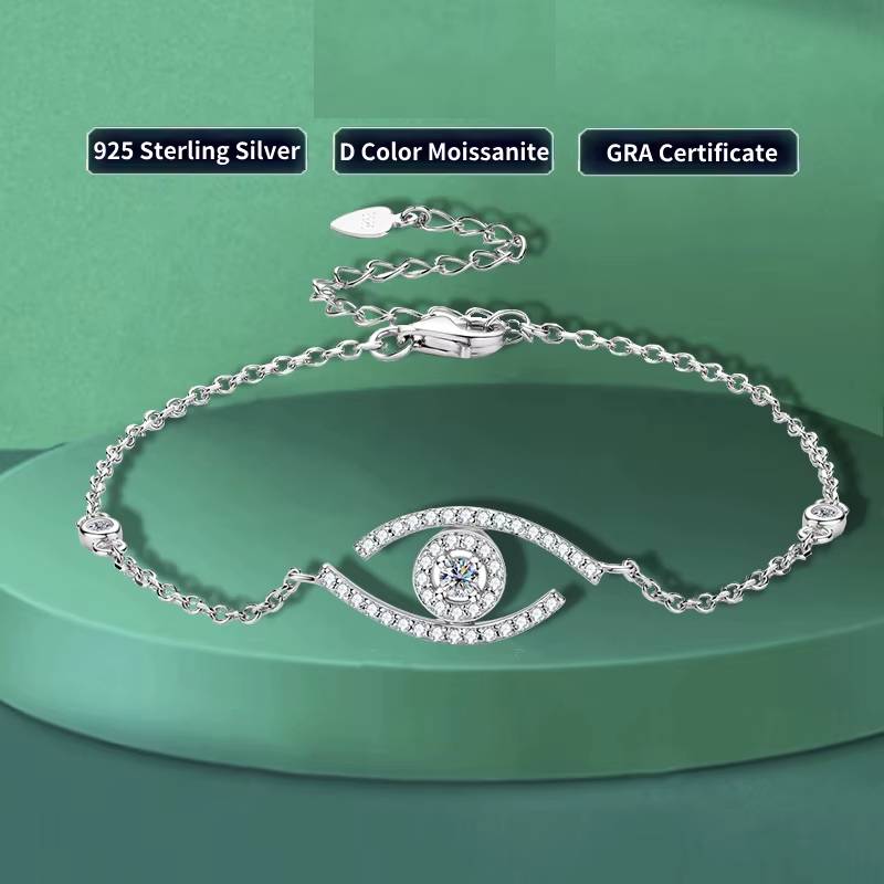 Anziw 2.5mm Round Cut Moissanite Evil Eye Charm Bracelet Sterling Silver 925 Chain Original Jewelry for Women and Men Gift Party Bracelets & Bangles  
