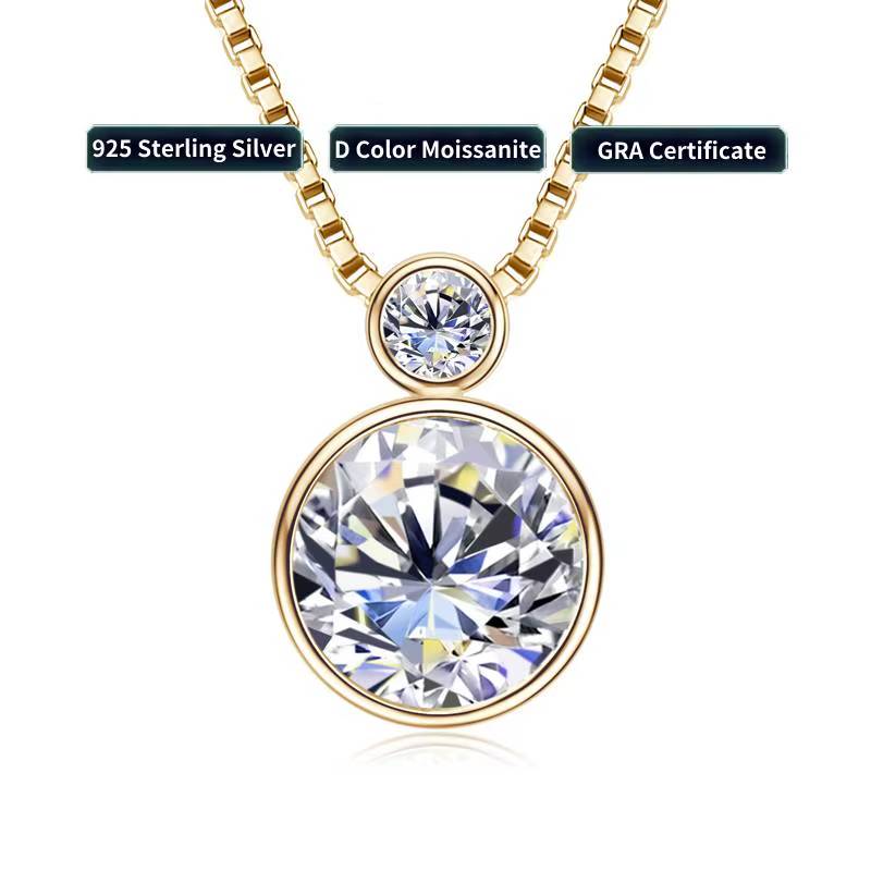 Gold-plated pendant necklace featuring two bezel-set round moissanite stones (2.0ct and 0.1ct) on a 925 sterling silver chain, GRA certified.