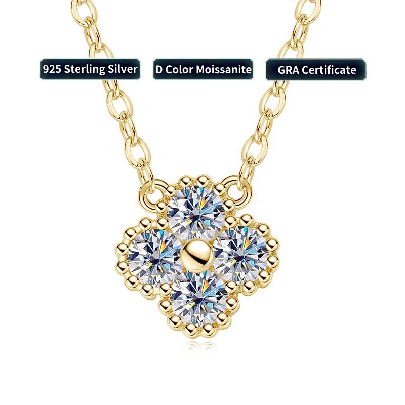 Clover-shaped moissanite pendant necklace featuring four 3mm round brilliant stones on an adjustable 925 sterling silver chain, with gold and silver options.