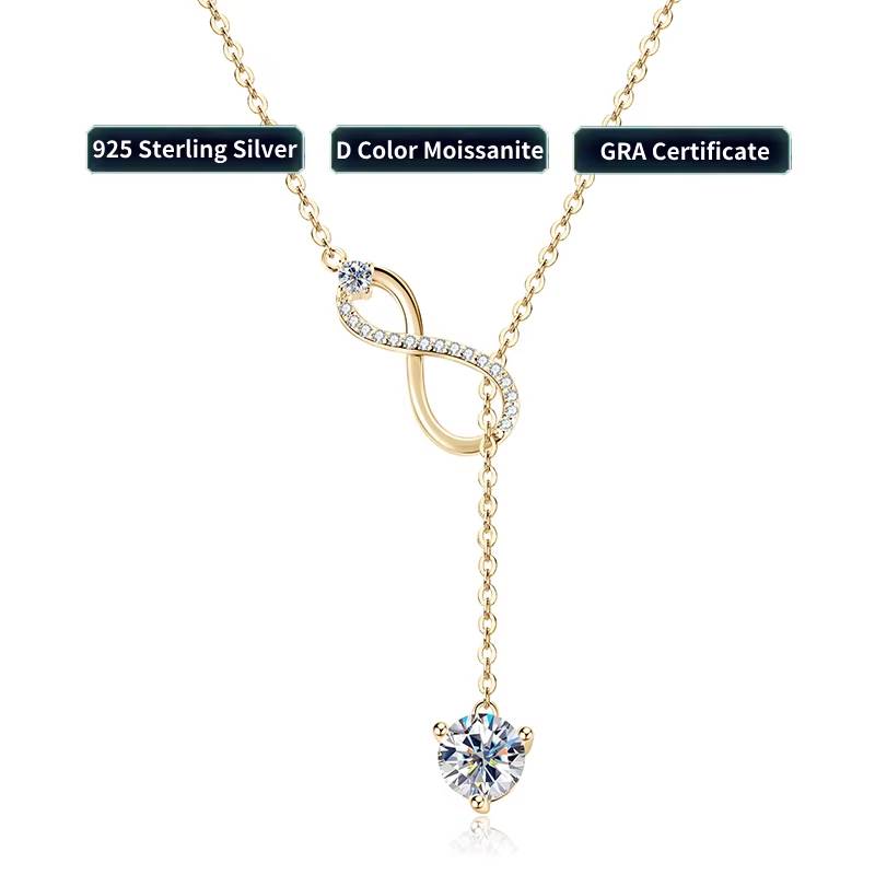 Gold-plated infinity pendant necklace with 1ct round-cut moissanite drop and accent stones, set on a 925 sterling silver chain with certification.