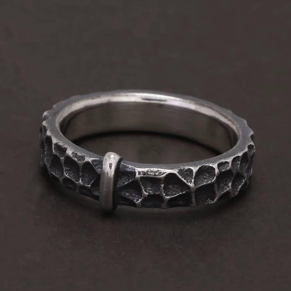 Oxidized hammered silver ring with loop detail