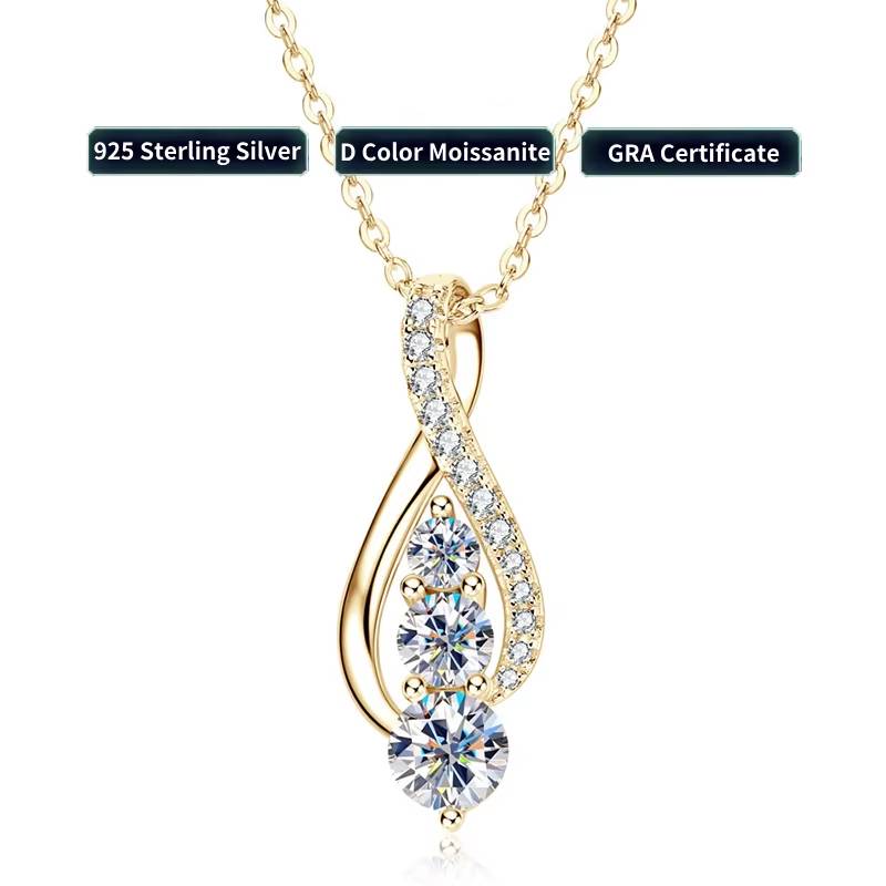 Teardrop-shaped moissanite pendant necklace with cascading 5mm, 4mm, and 3mm round-cut stones and pavé accent gems, set on a 925 silver chain.