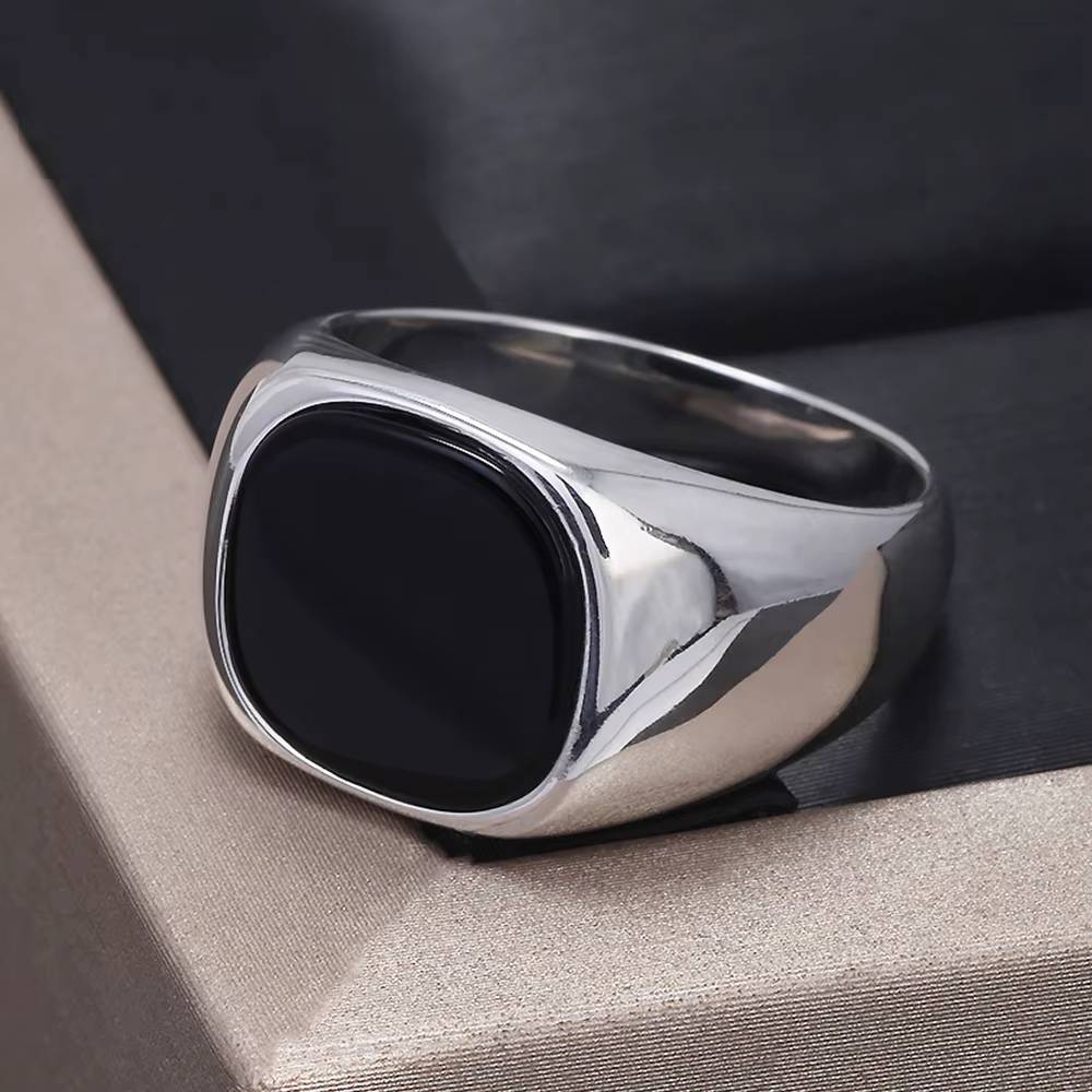 Classic silver signet ring with black onyx stone
