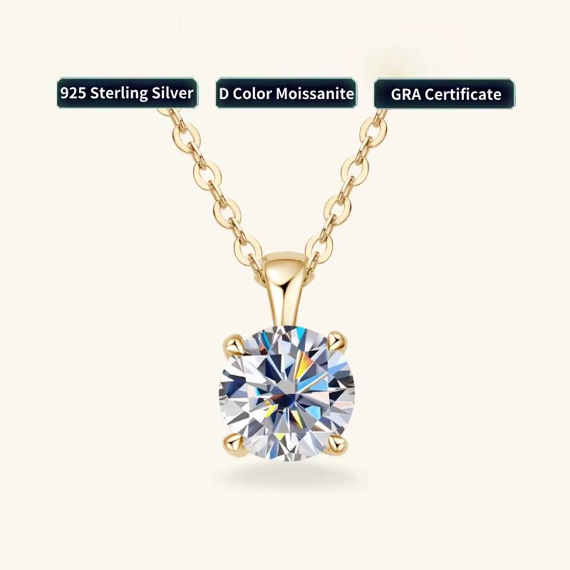 Gold-plated solitaire moissanite necklace with 1 carat D-color round-cut stone on 925 sterling silver chain, GRA certified.