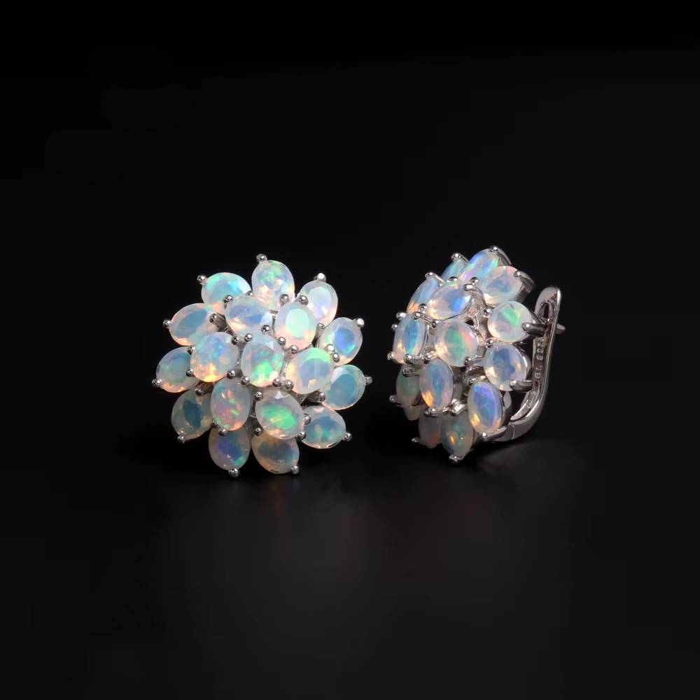 Close-up of opal earrings flower cluster earrings in 925 silver