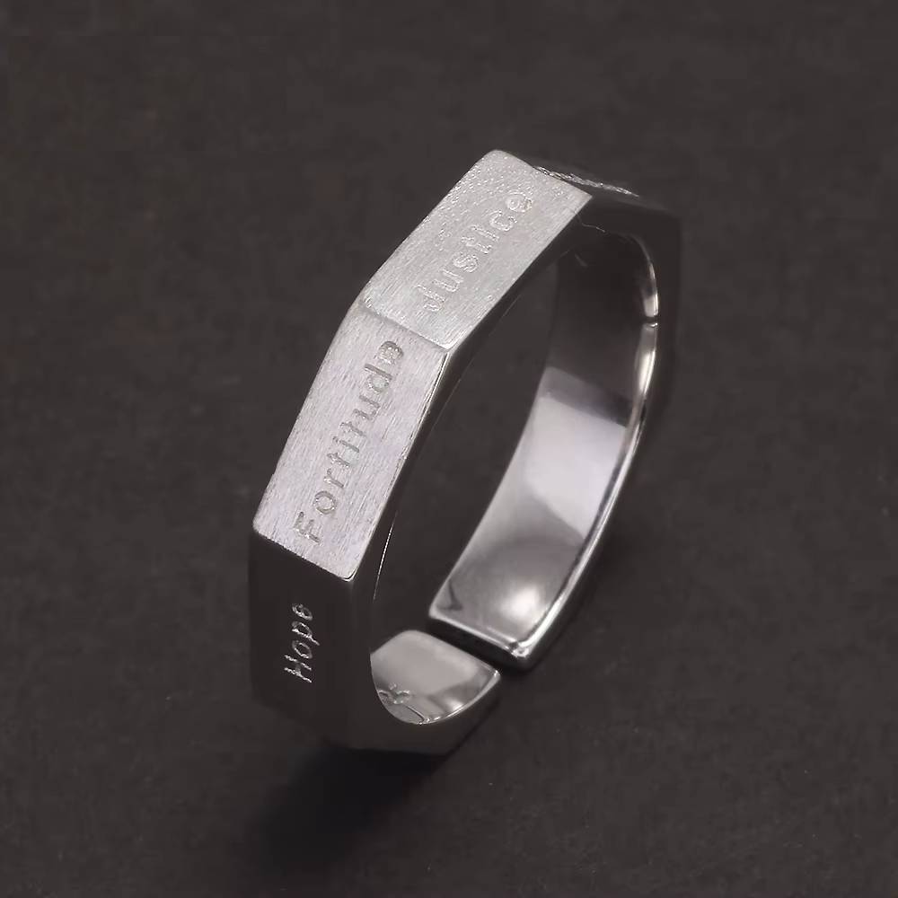 925 silver ring with matte finish and engraved virtues