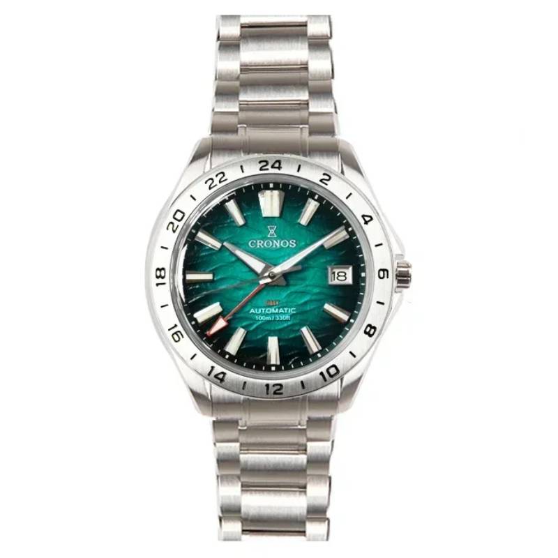 Cronos GMT automatic watch for men with green textured dial