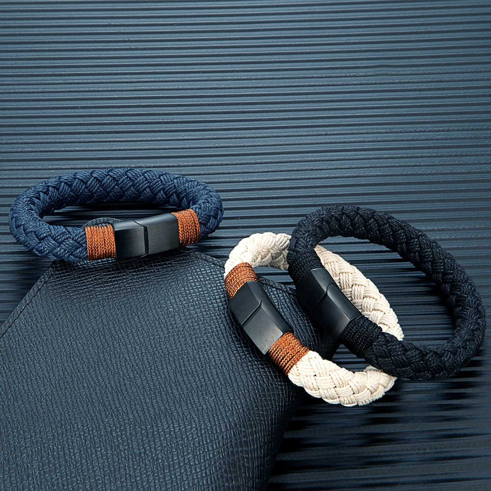 MKENDN Nautical Style Wide Rope Bracelet Fashion Men Stainless Steel Adjustable Shackle Clasp Wrap Bangles Handmade Jewelry Gift