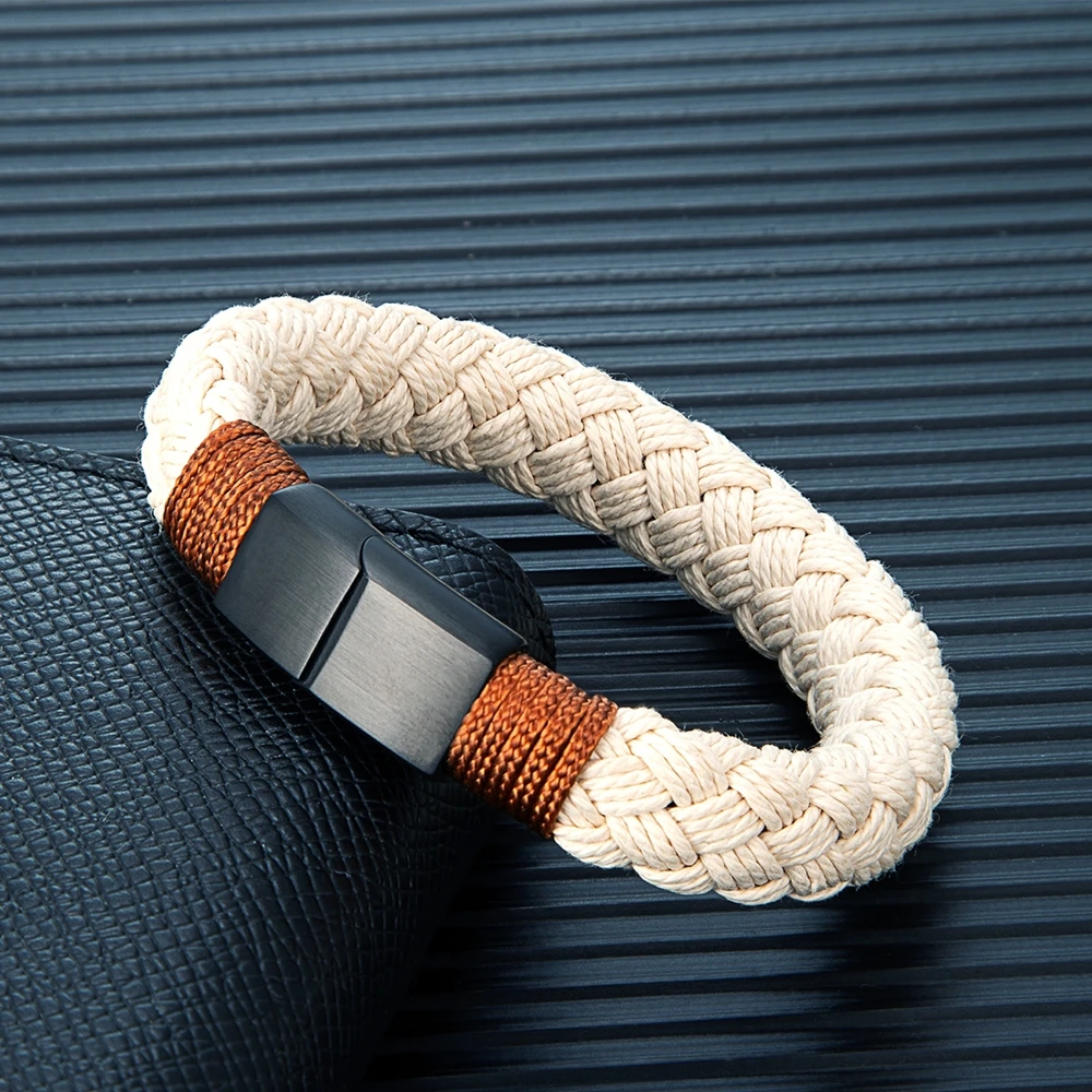 MKENDN Nautical Style Wide Rope Bracelet Fashion Men Stainless Steel Adjustable Shackle Clasp Wrap Bangles Handmade Jewelry Gift