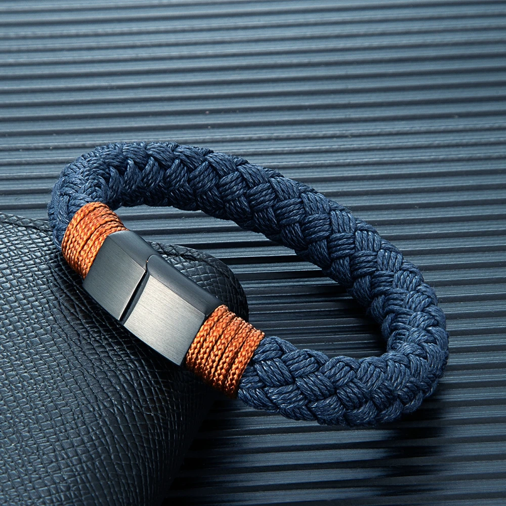 Dark blue rope bracelet with brown wraps and stainless clasp – adjustable nautical style